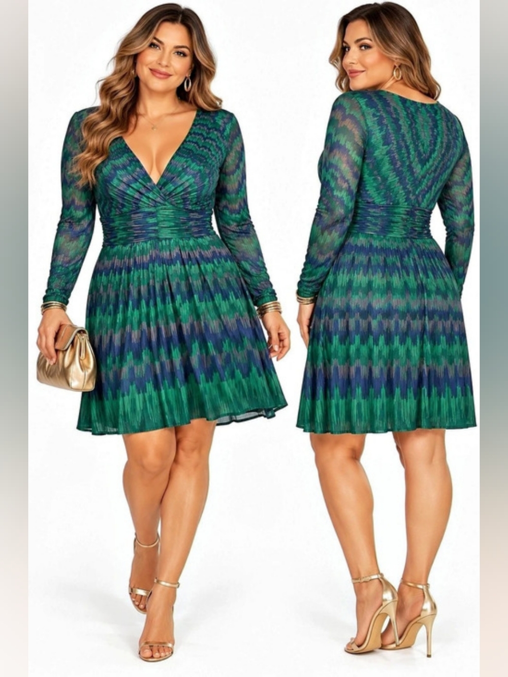 BCBGMAXAZRIA Abstract Print Ruched Wrap Style Dress Green Blue